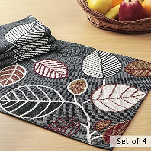 Cotton Jacquard Dining Table Mats, Grey Leaves - HOKIPO | Har Ghar ka Humsafar