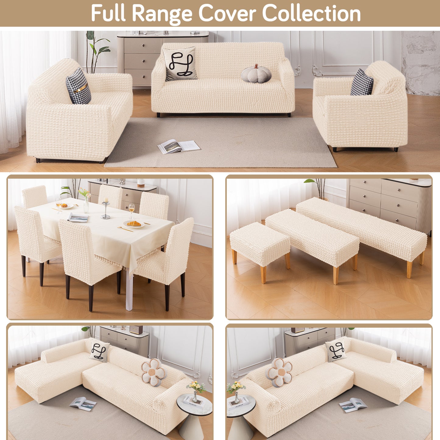Aria Nova Bubble 2-Piece Stretchable L Shape Sofa Cover with Left Chaise, Light Cream