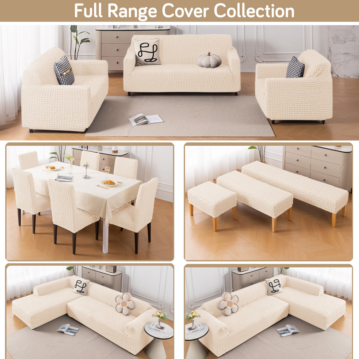 Aria Nova 280 GSM Stretchable Bubble Dining Bench Cover, Light Cream