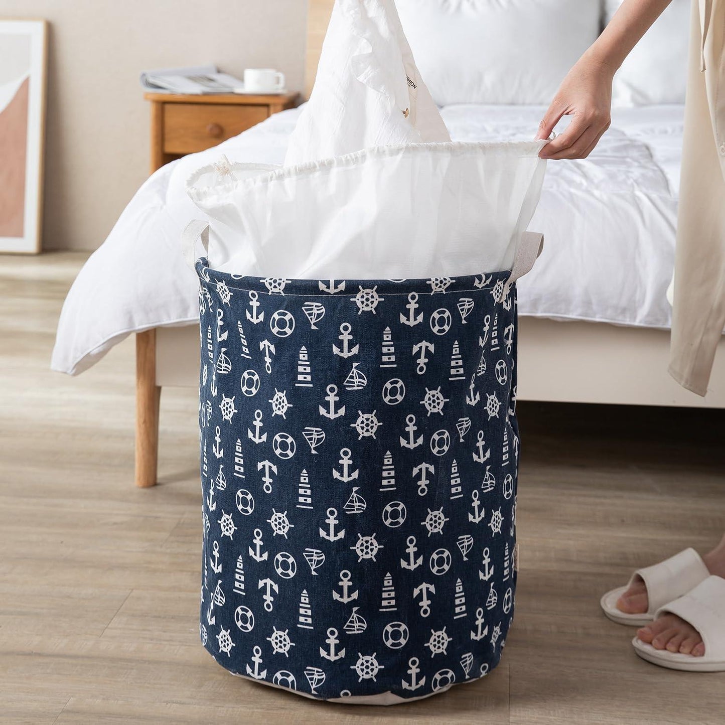 Dark Blue Nautical Print Foldable Laundry Bag with Lid Drawstring - HOKIPO | Har Ghar ka Humsafar