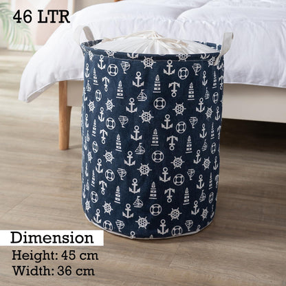 Dark Blue Nautical Print Foldable Laundry Bag with Lid Drawstring - HOKIPO | Har Ghar ka Humsafar