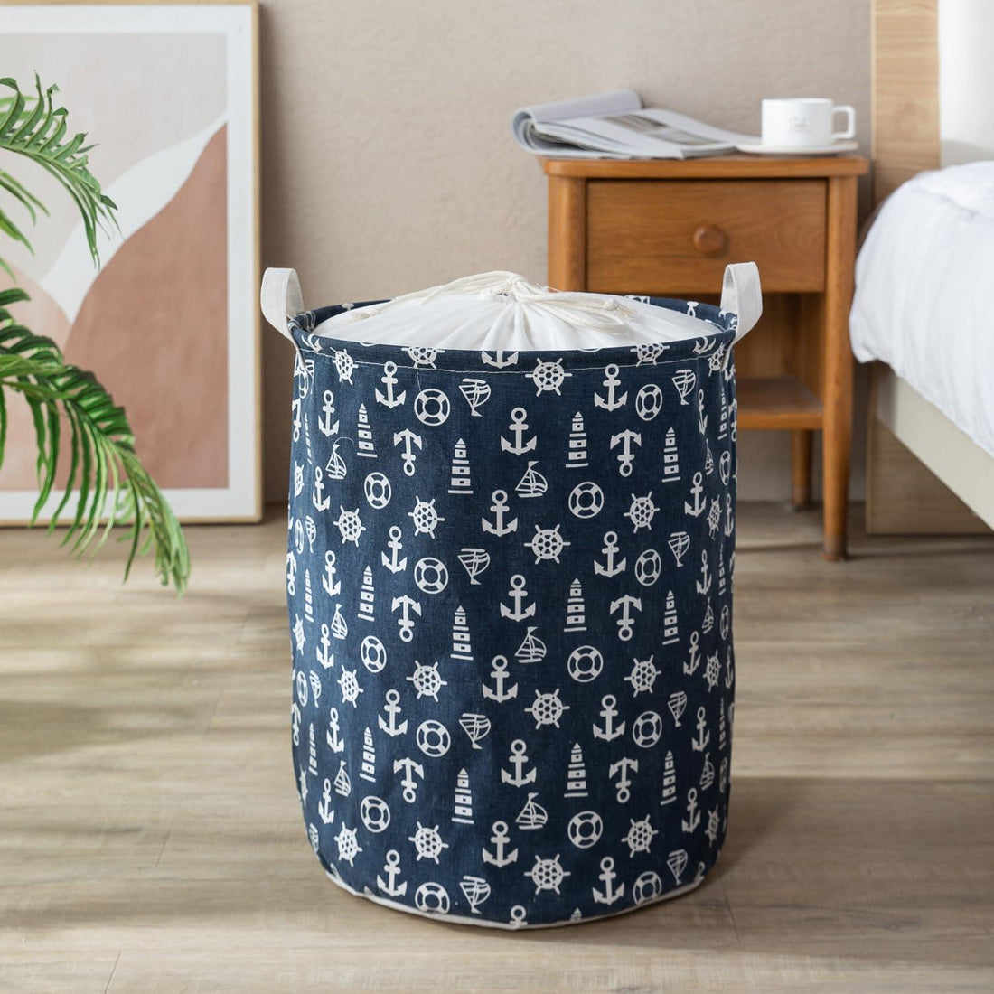 Dark Blue Nautical Print Foldable Laundry Bag with Lid Drawstring - HOKIPO | Har Ghar ka Humsafar
