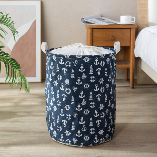 Dark Blue Nautical Print Foldable Laundry Bag with Lid Drawstring - HOKIPO | Har Ghar ka Humsafar