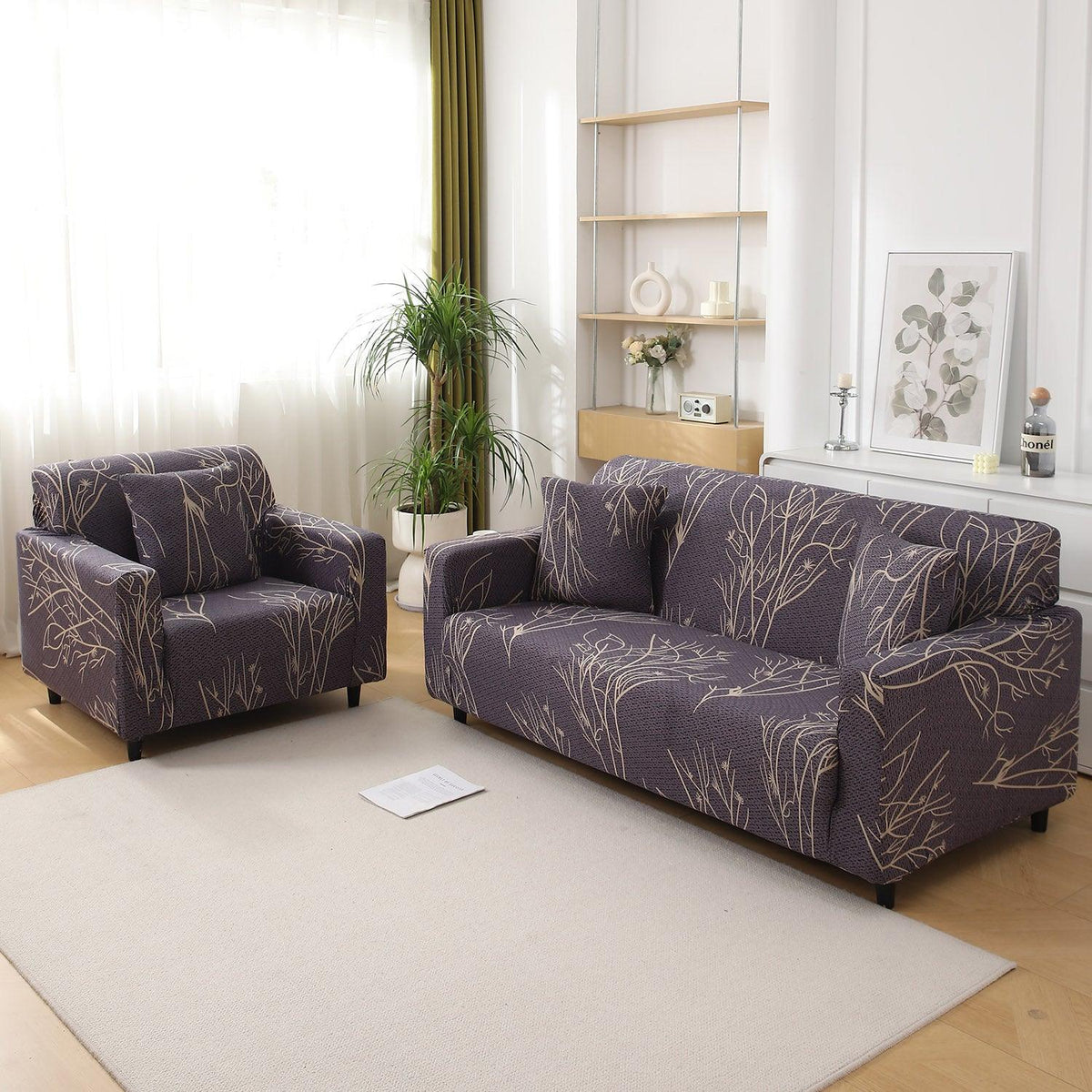 Dark Coffee Colour Twigs Print stretchable sofa cover 3+1+1 seater sofa cover