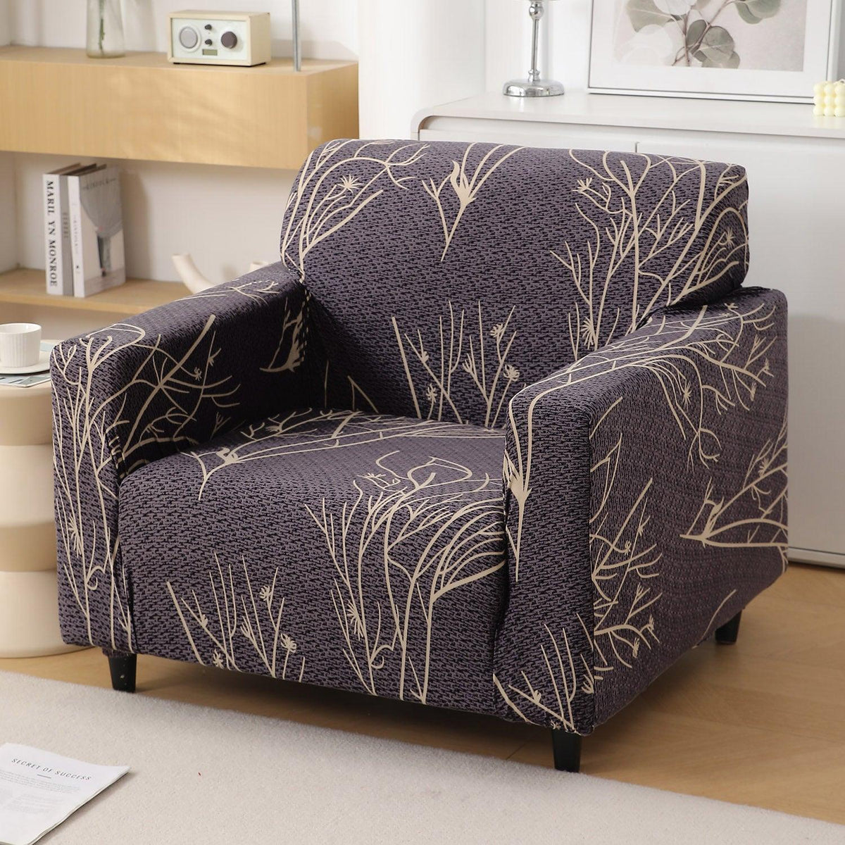 Dark Coffee Colour Twigs Print stretchable single sofa cover​