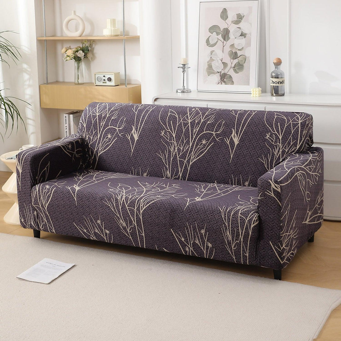 Dark Coffee Colour Twigs Print elastic 3 seater sofa cover​s