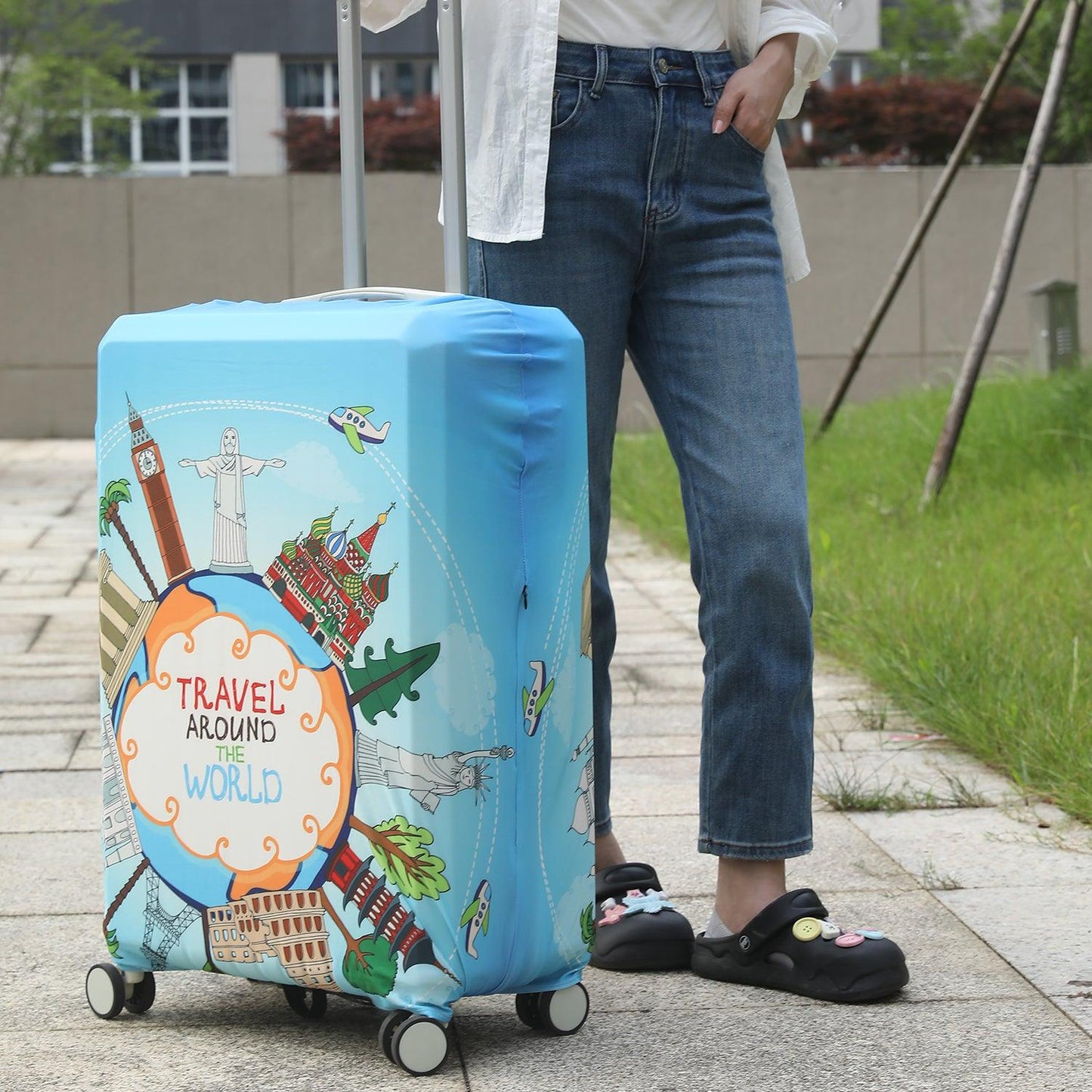 Durable 180 GSM Suitcase Covers s/m/l - Size for Trolley Suitcase, Blue Travel Around The World - HOKIPO | Har Ghar ka Humsafar