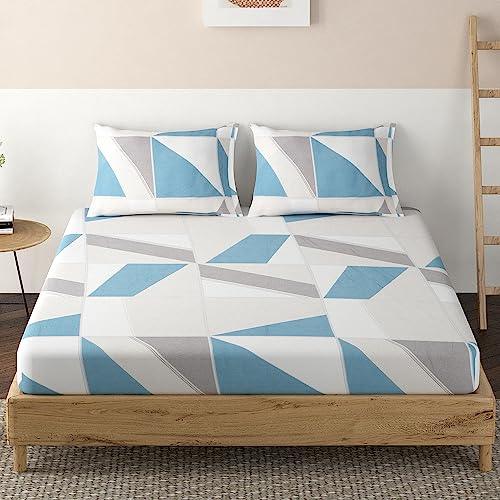 Elastic Fitted Bedsheet, Brushed Microfiber 135 gsm, Abstract Geometric Sky Blue - HOKIPO | Har Ghar ka Humsafar