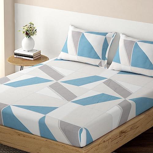 Elastic Fitted Bedsheet, Brushed Microfiber 135 gsm, Abstract Geometric Sky Blue - HOKIPO | Har Ghar ka Humsafar