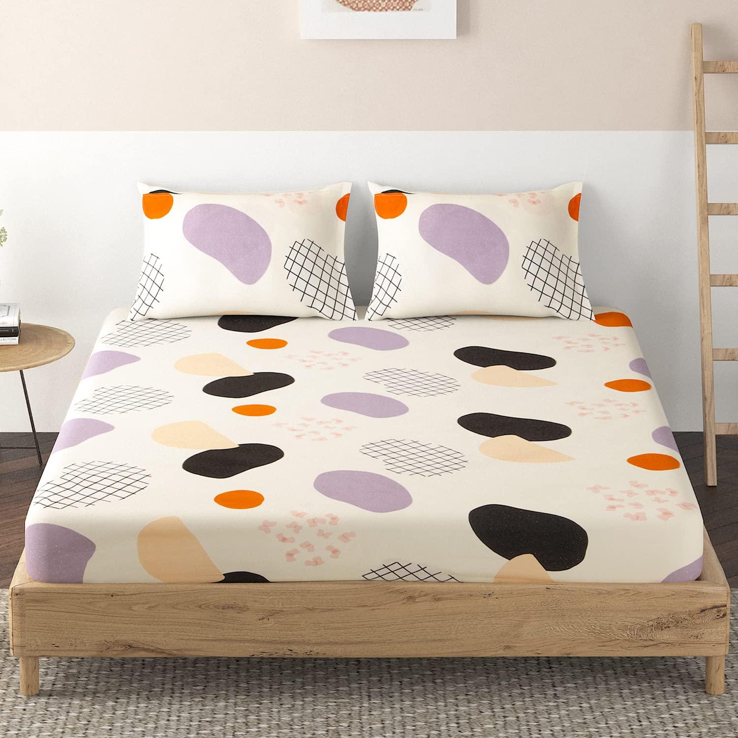 Elastic Fitted Bedsheet, Brushed Microfiber 135 gsm, Abstract Pebble Pastel Violet - HOKIPO | Har Ghar ka Humsafar