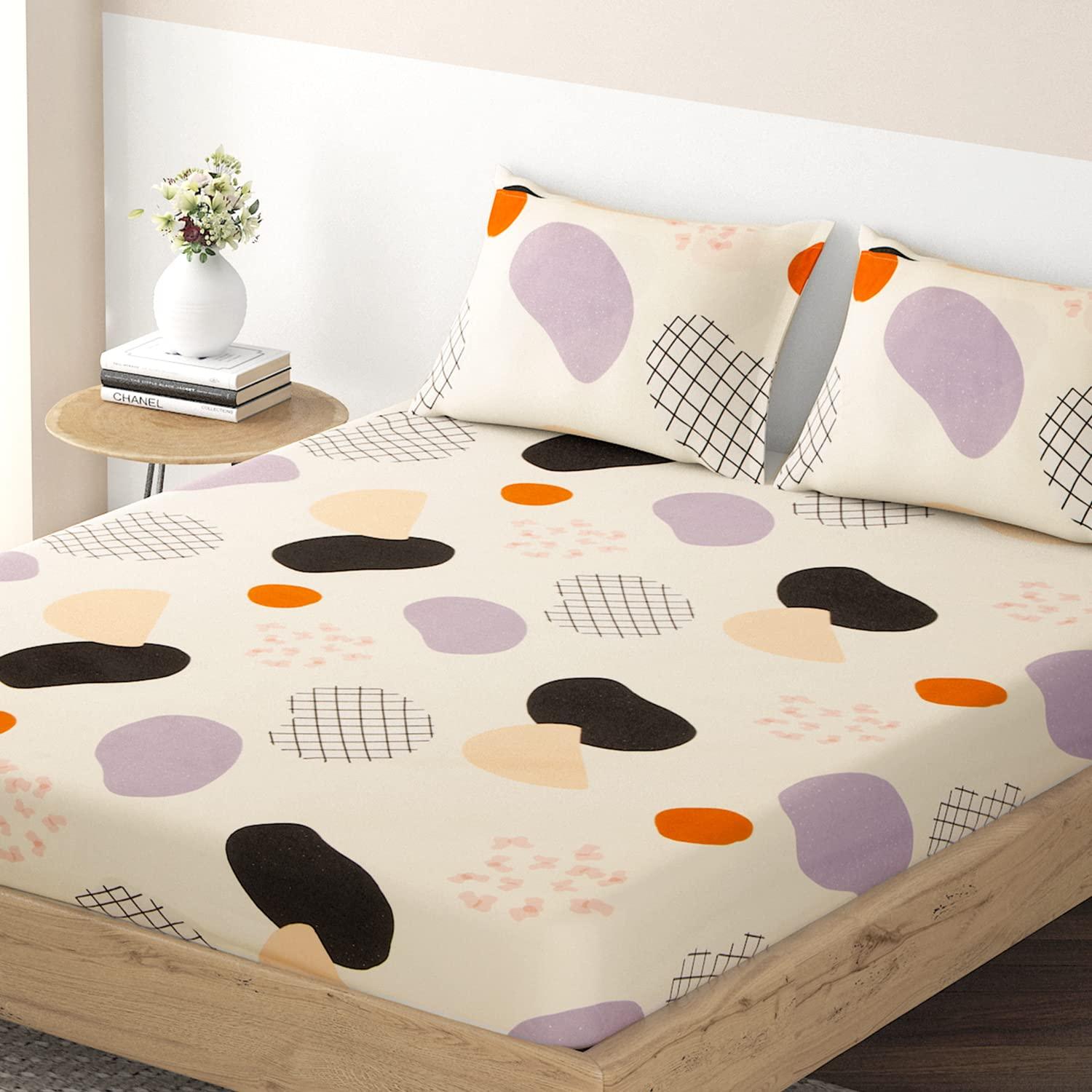 Elastic Fitted Bedsheet, Brushed Microfiber 135 gsm, Abstract Pebble Pastel Violet - HOKIPO | Har Ghar ka Humsafar