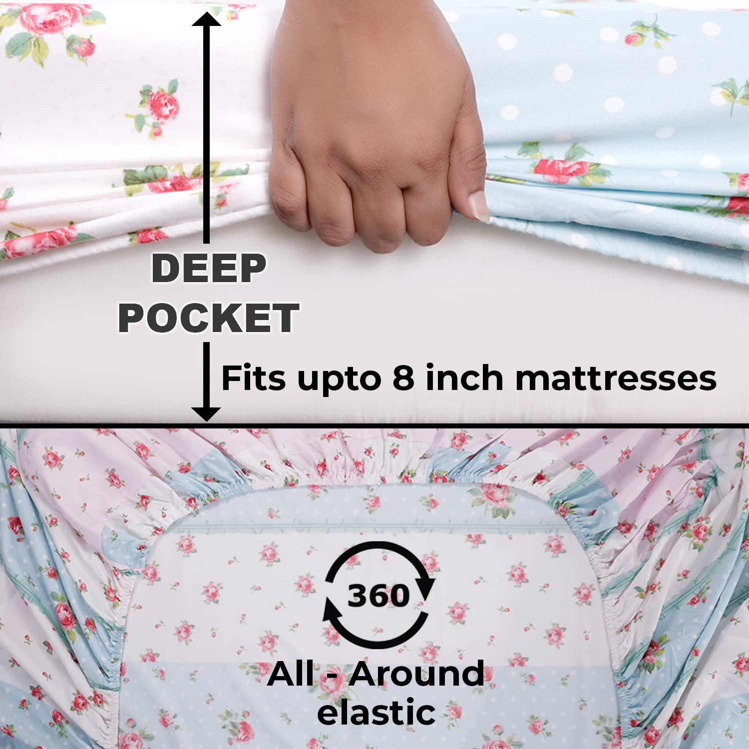 Elastic Fitted Bedsheet, Brushed Microfiber 135 gsm, Floral Stripes Light Blue - HOKIPO | Har Ghar ka Humsafar