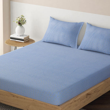 Elastic Fitted Bedsheet, Brushed Microfiber 135 gsm, Herringbone Azure Blue - HOKIPO | Har Ghar ka Humsafar