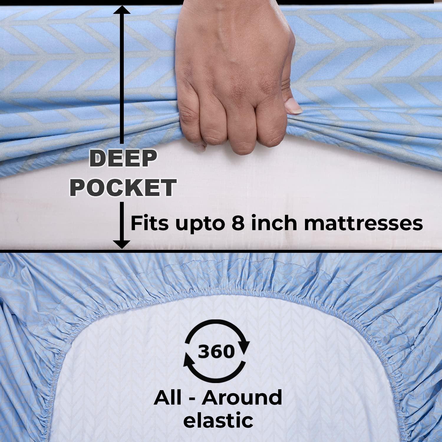 Elastic Fitted Bedsheet, Brushed Microfiber 135 gsm, Herringbone Azure Blue - HOKIPO | Har Ghar ka Humsafar