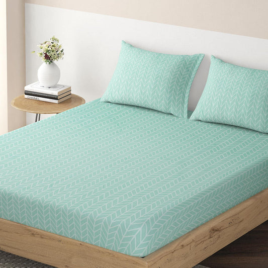 Elastic Fitted Bedsheet, Brushed Microfiber 135 gsm, Herringbone Mint Green - HOKIPO | Har Ghar ka Humsafar