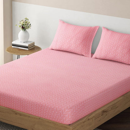 Elastic Fitted Bedsheet, Brushed Microfiber 135 gsm, Herringbone Rose Pink - HOKIPO | Har Ghar ka Humsafar