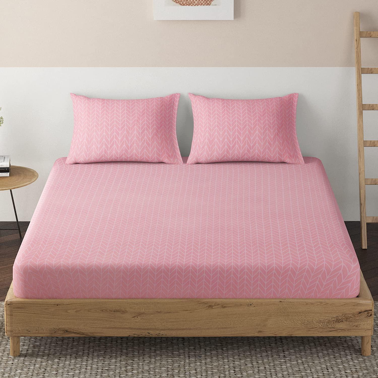 Elastic Fitted Bedsheet, Brushed Microfiber 135 gsm, Herringbone Rose Pink - HOKIPO | Har Ghar ka Humsafar