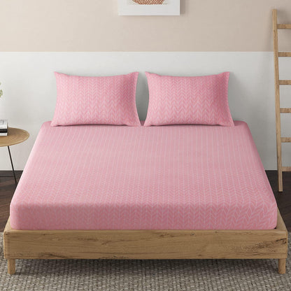 Elastic Fitted Bedsheet, Brushed Microfiber 135 gsm, Herringbone Rose Pink - HOKIPO | Har Ghar ka Humsafar