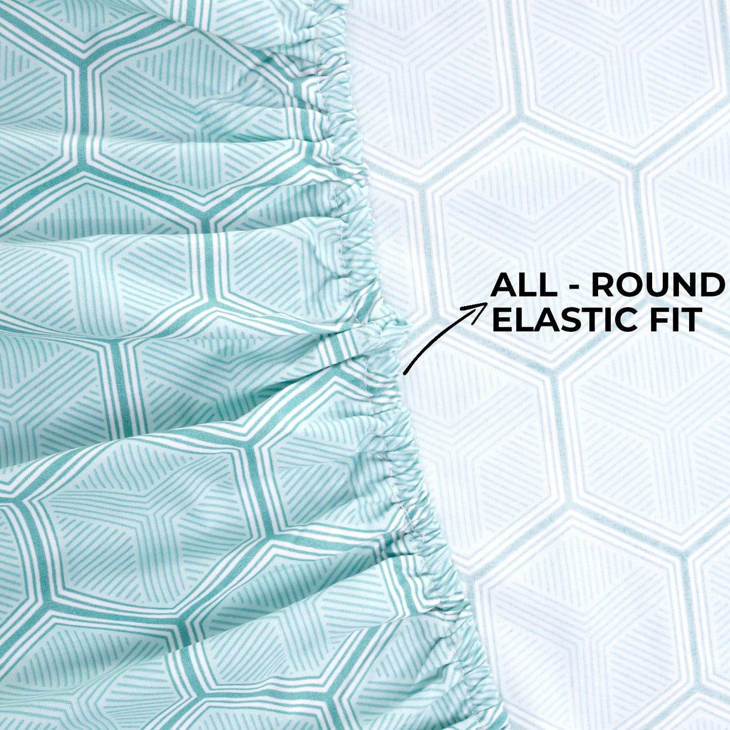 Elastic Fitted Bedsheet, Brushed Microfiber 135 gsm, Honey Comb Tiffany Green - HOKIPO | Har Ghar ka Humsafar