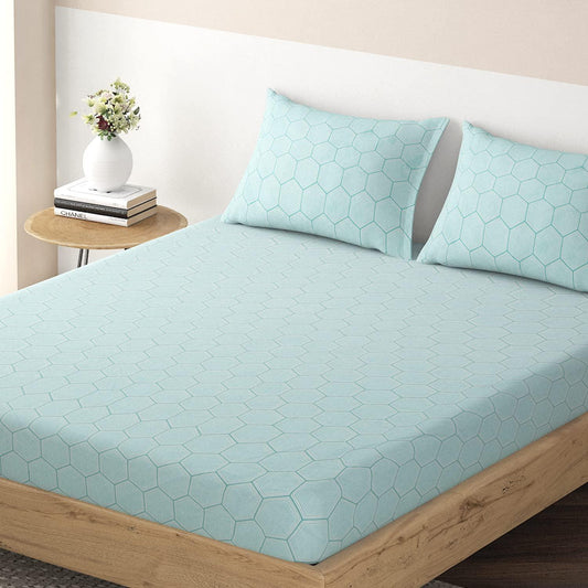 Elastic Fitted Bedsheet, Brushed Microfiber 135 gsm, Honey Comb Tiffany Green - HOKIPO | Har Ghar ka Humsafar