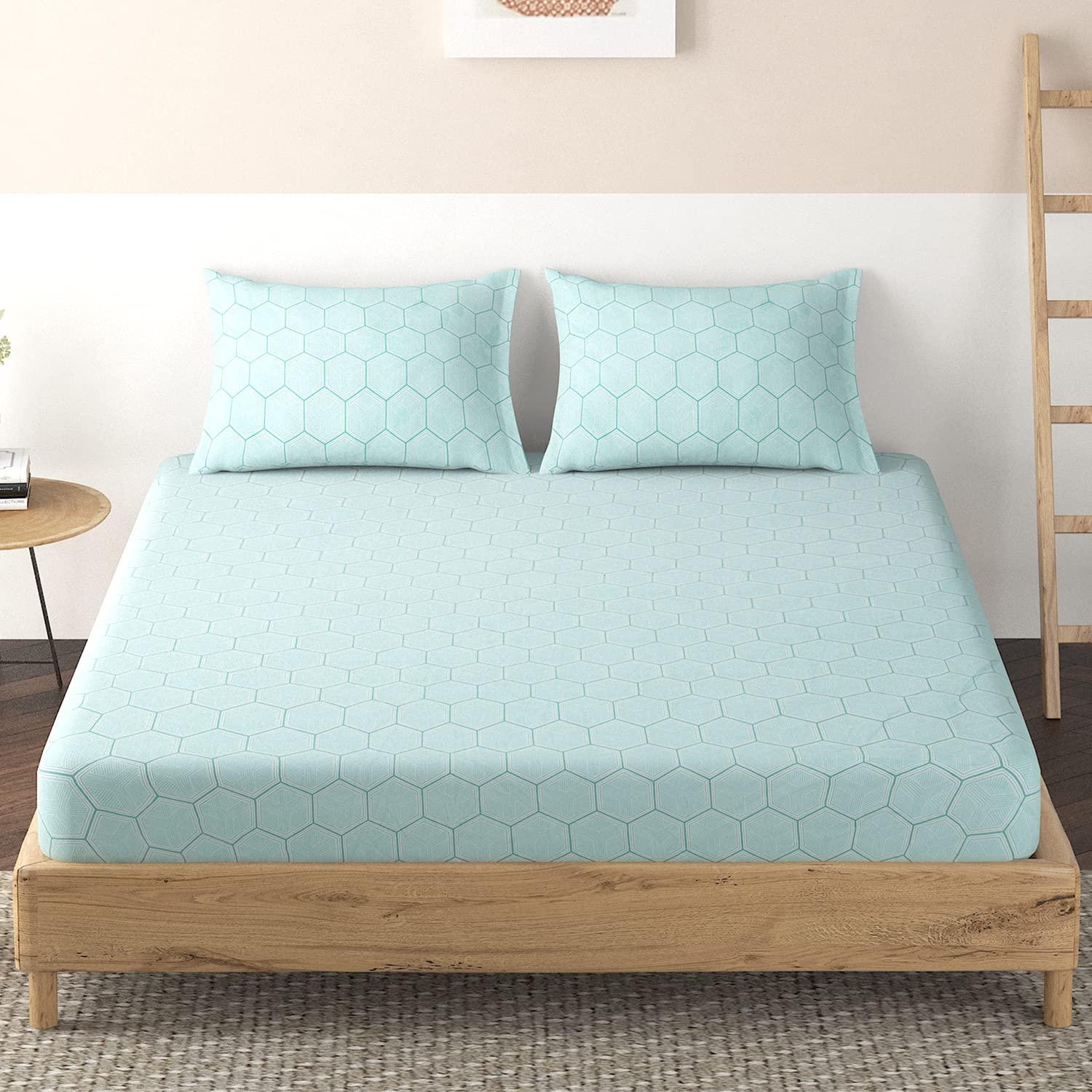 Elastic Fitted Bedsheet, Brushed Microfiber 135 gsm, Honey Comb Tiffany Green - HOKIPO | Har Ghar ka Humsafar