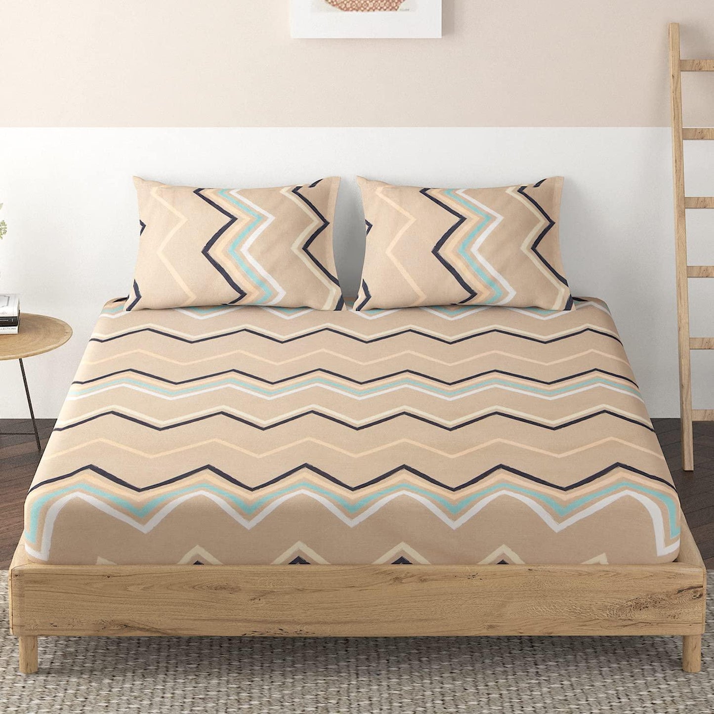 Elastic Fitted Bedsheet, Brushed Microfiber 135 gsm, Zig Zag Pastel Brown - HOKIPO | Har Ghar ka Humsafar