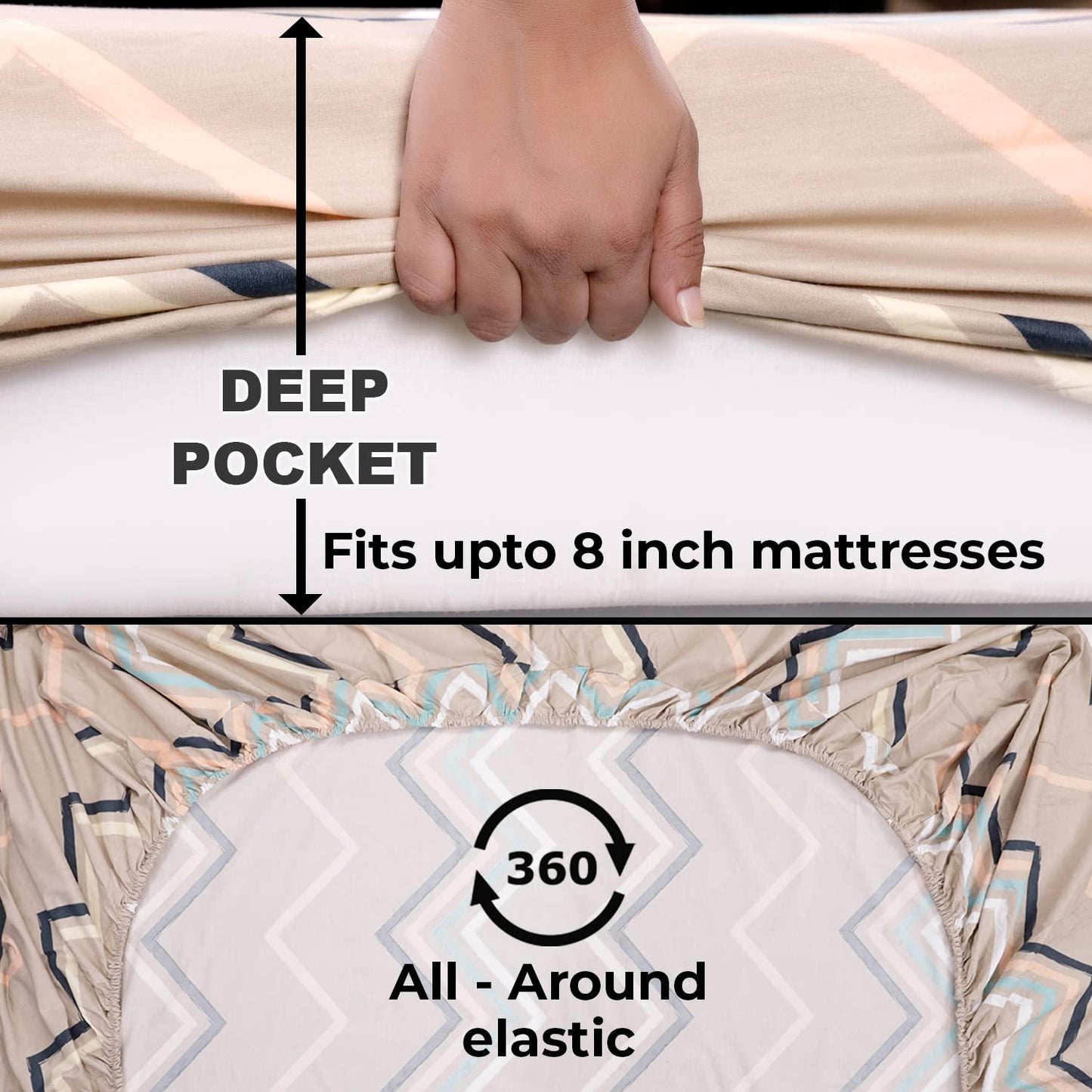 Elastic Fitted Bedsheet, Brushed Microfiber 135 gsm, Zig Zag Pastel Brown - HOKIPO | Har Ghar ka Humsafar