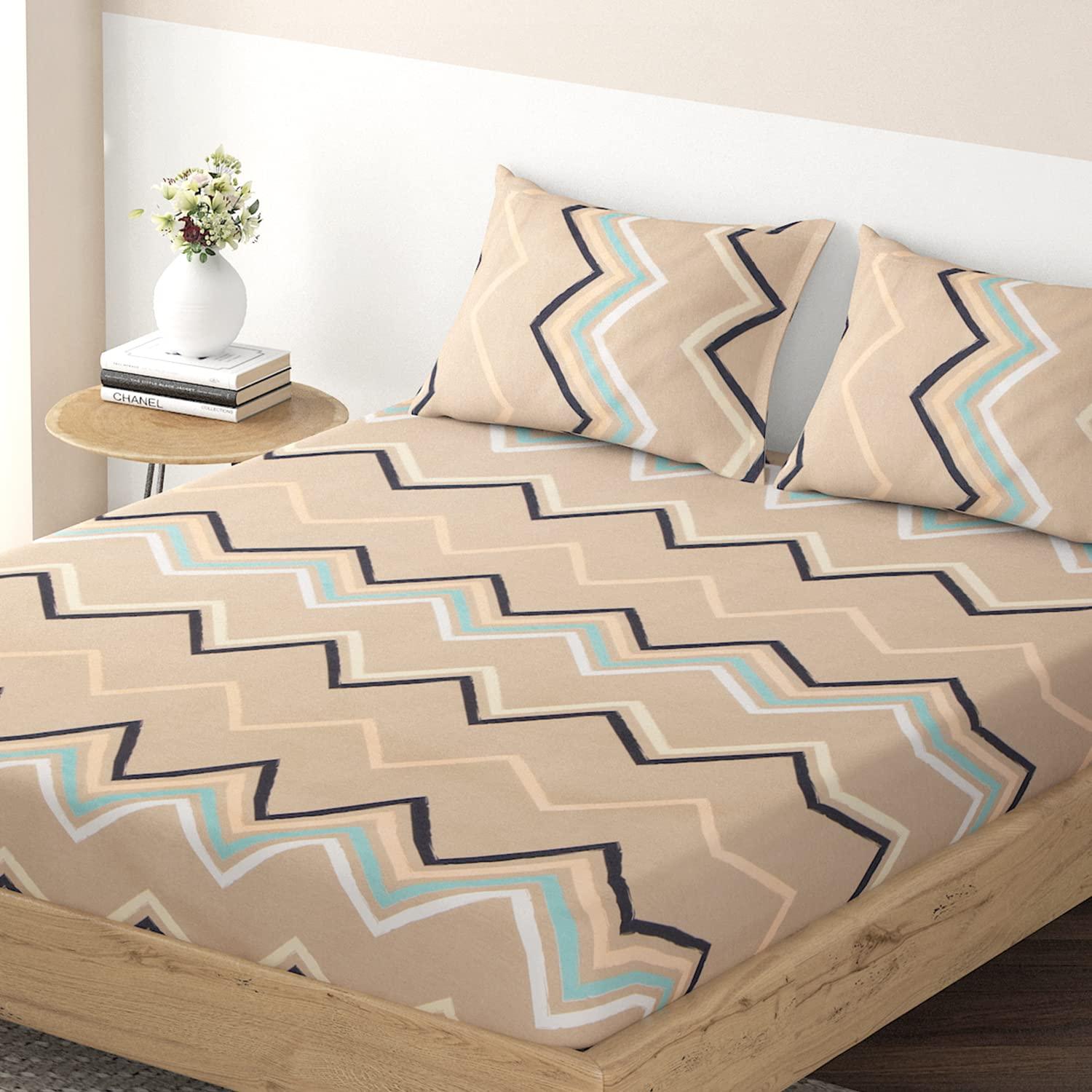 Elastic Fitted Bedsheet, Brushed Microfiber 135 gsm, Zig Zag Pastel Brown - HOKIPO | Har Ghar ka Humsafar