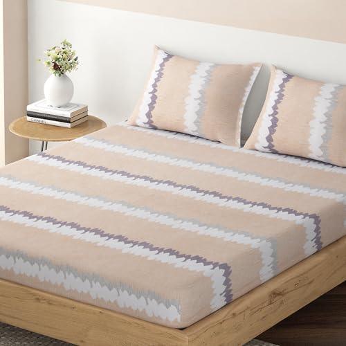 Elastic Fitted Bedsheet, Brushed Microfiber 140 gsm, Butter Cream Brown Wavy Stripes - HOKIPO | Har Ghar ka Humsafar