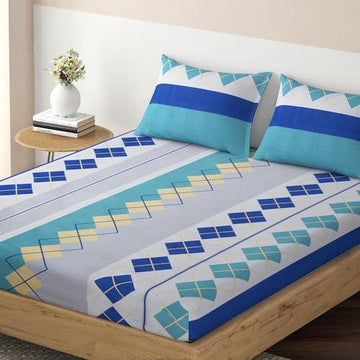 Elastic Fitted Bedsheet, Brushed Microfiber 140 gsm, Cobalt Blue Rhombus Waves - HOKIPO | Har Ghar ka Humsafar