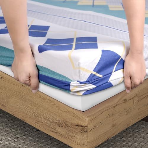 Elastic Fitted Bedsheet, Brushed Microfiber 140 gsm, Cobalt Blue Rhombus Waves - HOKIPO | Har Ghar ka Humsafar