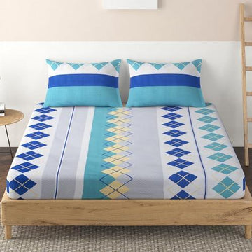 Elastic Fitted Bedsheet, Brushed Microfiber 140 gsm, Cobalt Blue Rhombus Waves - HOKIPO | Har Ghar ka Humsafar