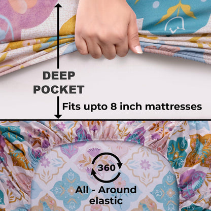 Elastic Fitted Bedsheet, Brushed Microfiber 140 gsm, Iris Purple Ethnic Floral - HOKIPO | Har Ghar ka Humsafar