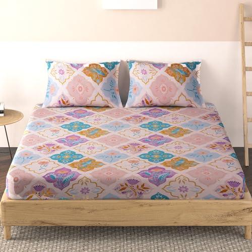 Elastic Fitted Bedsheet, Brushed Microfiber 140 gsm, Iris Purple Ethnic Floral - HOKIPO | Har Ghar ka Humsafar