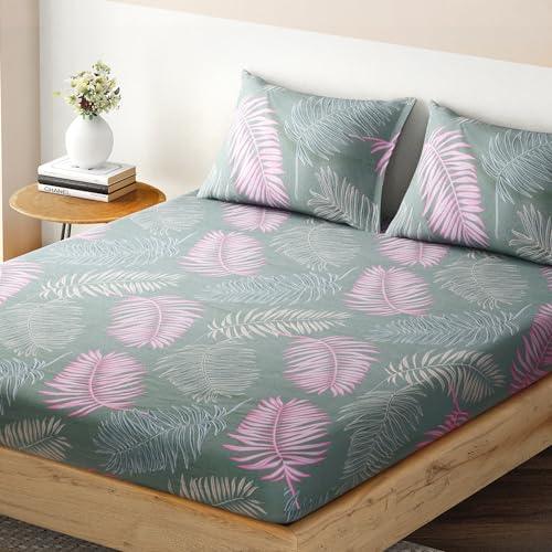 Elastic Fitted Bedsheet, Brushed Microfiber 140 gsm, Pastel Green Palm Leaves - HOKIPO | Har Ghar ka Humsafar