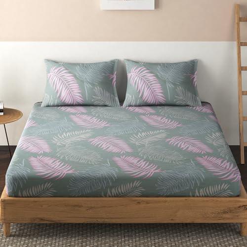 Elastic Fitted Bedsheet, Brushed Microfiber 140 gsm, Pastel Green Palm Leaves - HOKIPO | Har Ghar ka Humsafar