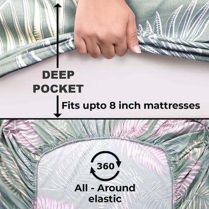 Elastic Fitted Bedsheet, Brushed Microfiber 140 gsm, Pastel Green Palm Leaves - HOKIPO | Har Ghar ka Humsafar