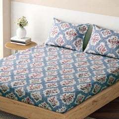 Elastic Fitted Bedsheet, Brushed Microfiber 140 gsm, Tufts Blue Ethnic Moroccan - HOKIPO | Har Ghar ka Humsafar