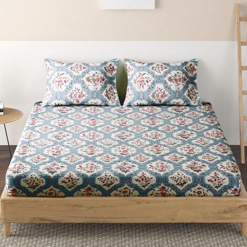 Elastic Fitted Bedsheet, Brushed Microfiber 140 gsm, Tufts Blue Ethnic Moroccan - HOKIPO | Har Ghar ka Humsafar