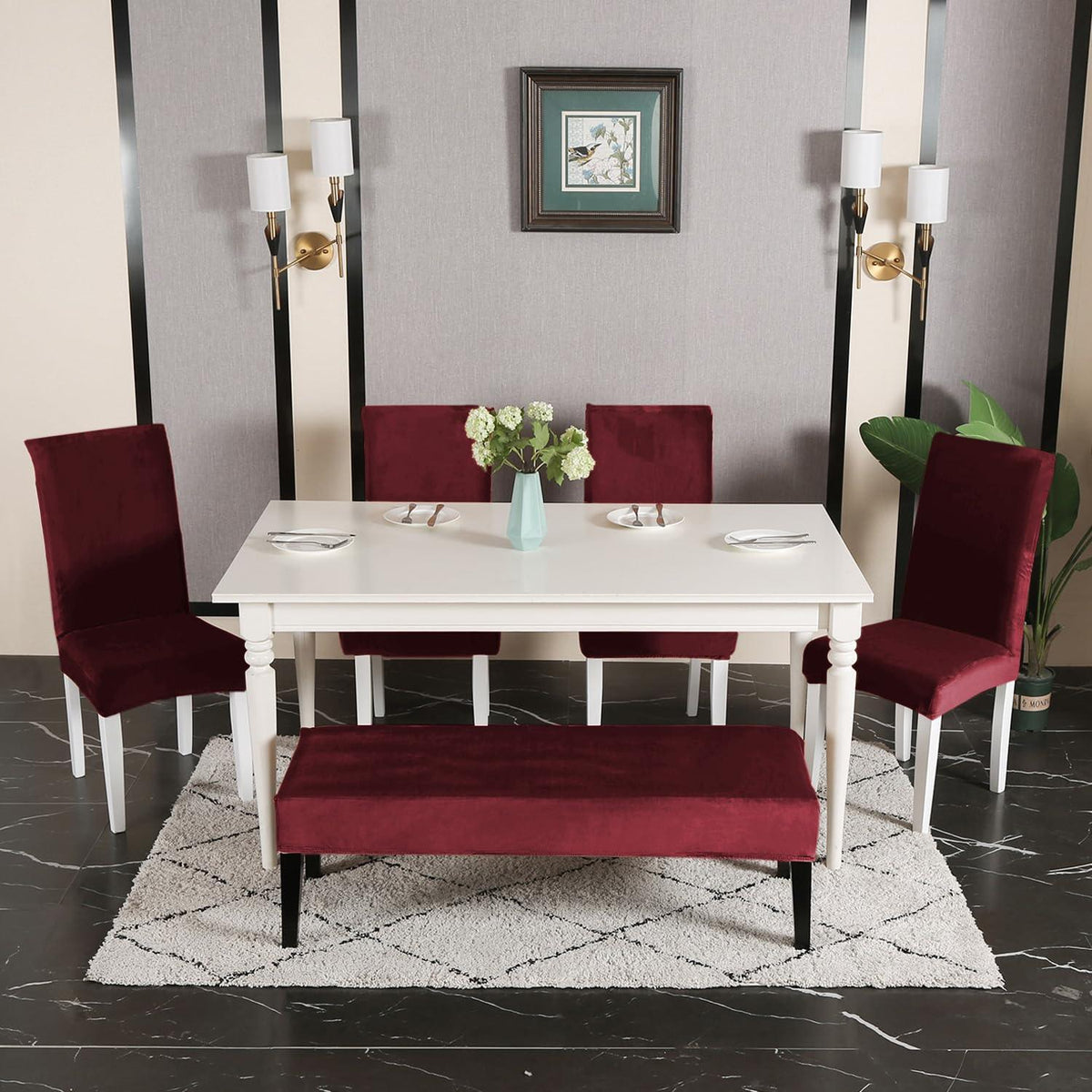 Elastic Fitted Dining Bench Cover, Burgundy - HOKIPO | Har Ghar ka Humsafar