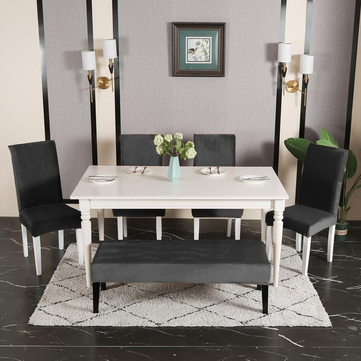 Elastic Fitted Dining Bench Slipcover, Dark Grey - HOKIPO | Har Ghar ka Humsafar