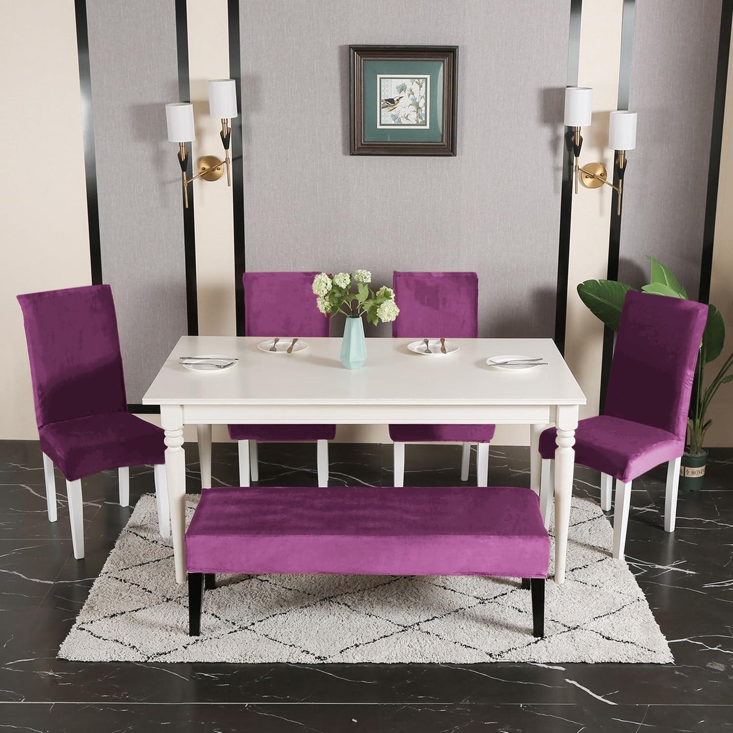 Elastic Fitted Dining Bench Slipcover, Purple - HOKIPO | Har Ghar ka Humsafar