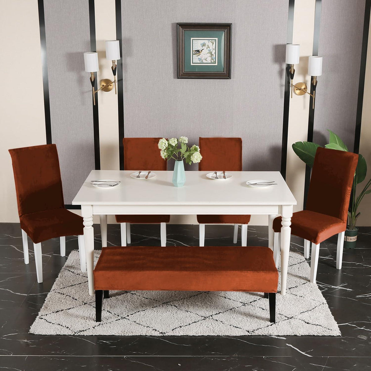 Elastic Fitted Dining Bench Slipcover, Rustic Brown - HOKIPO | Har Ghar ka Humsafar