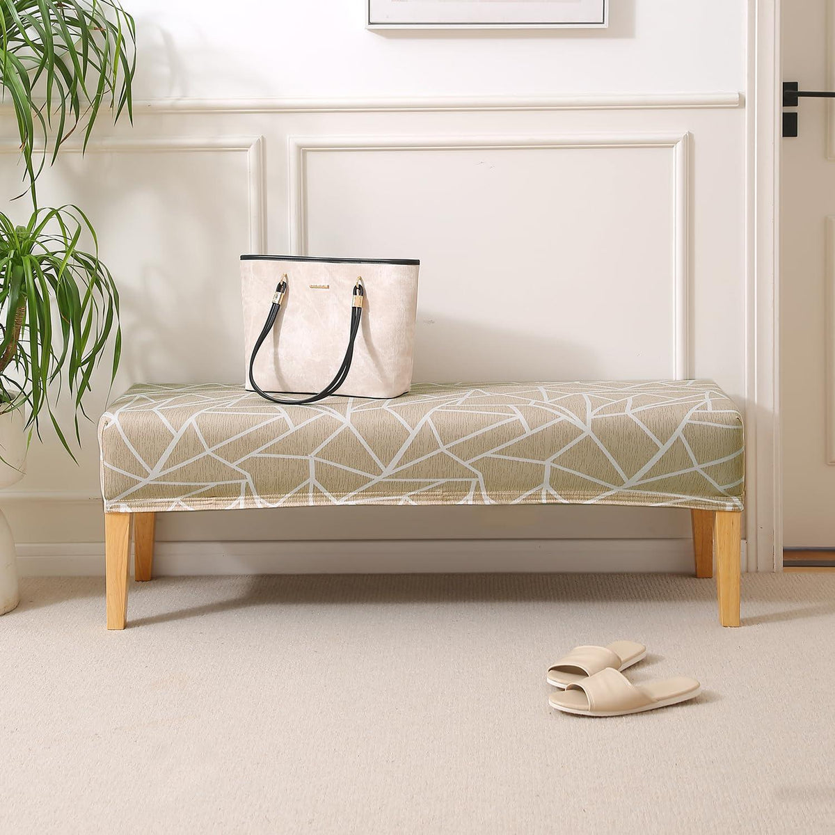 Elastic Printed Dining Bench Stretchable Slipcover, Beige Abstract Geometry - HOKIPO | Har Ghar ka Humsafar