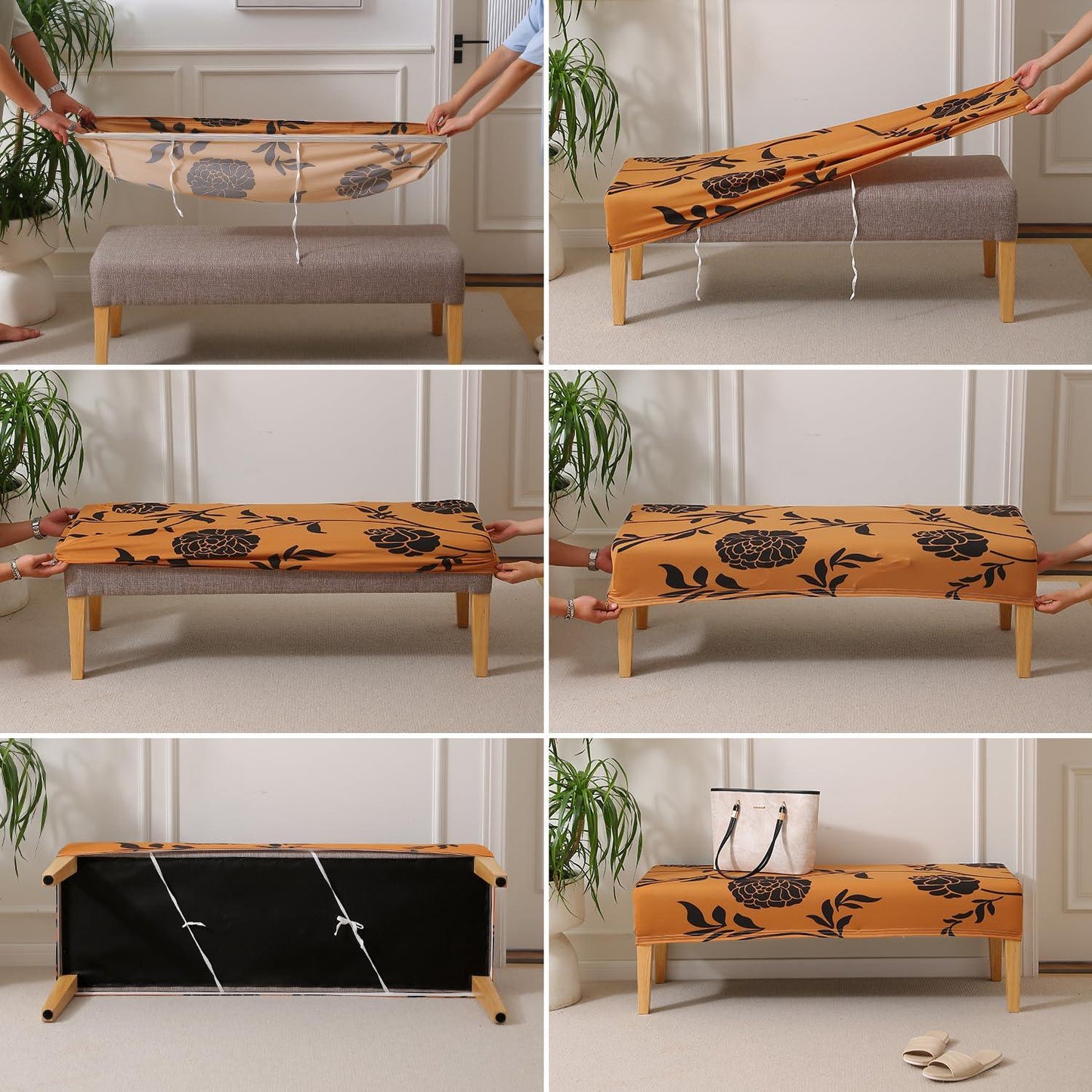 Elastic Printed Dining Bench Stretchable Slipcover, Copper Brown Floral - HOKIPO | Har Ghar ka Humsafar