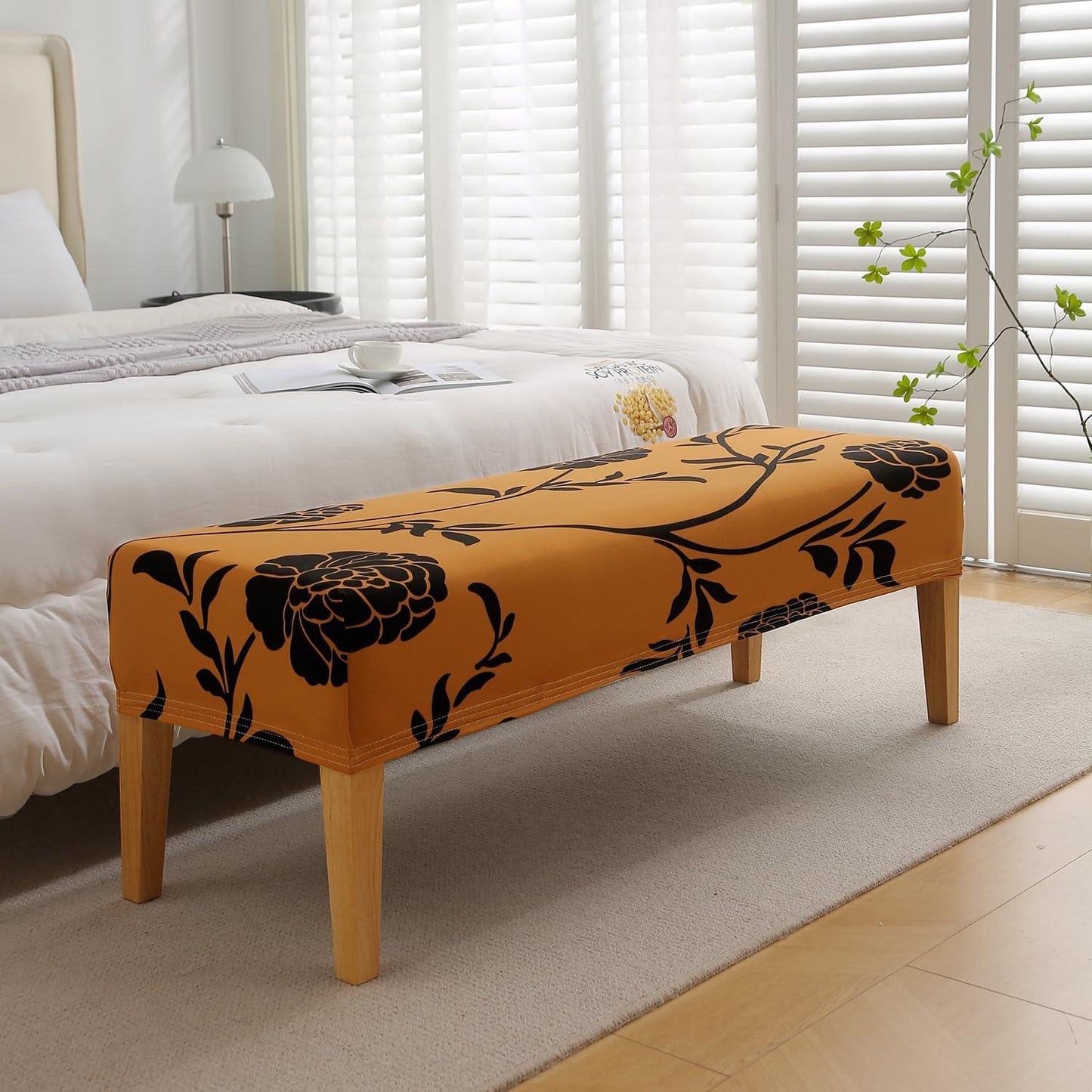 Elastic Printed Dining Bench Stretchable Slipcover, Copper Brown Floral - HOKIPO | Har Ghar ka Humsafar