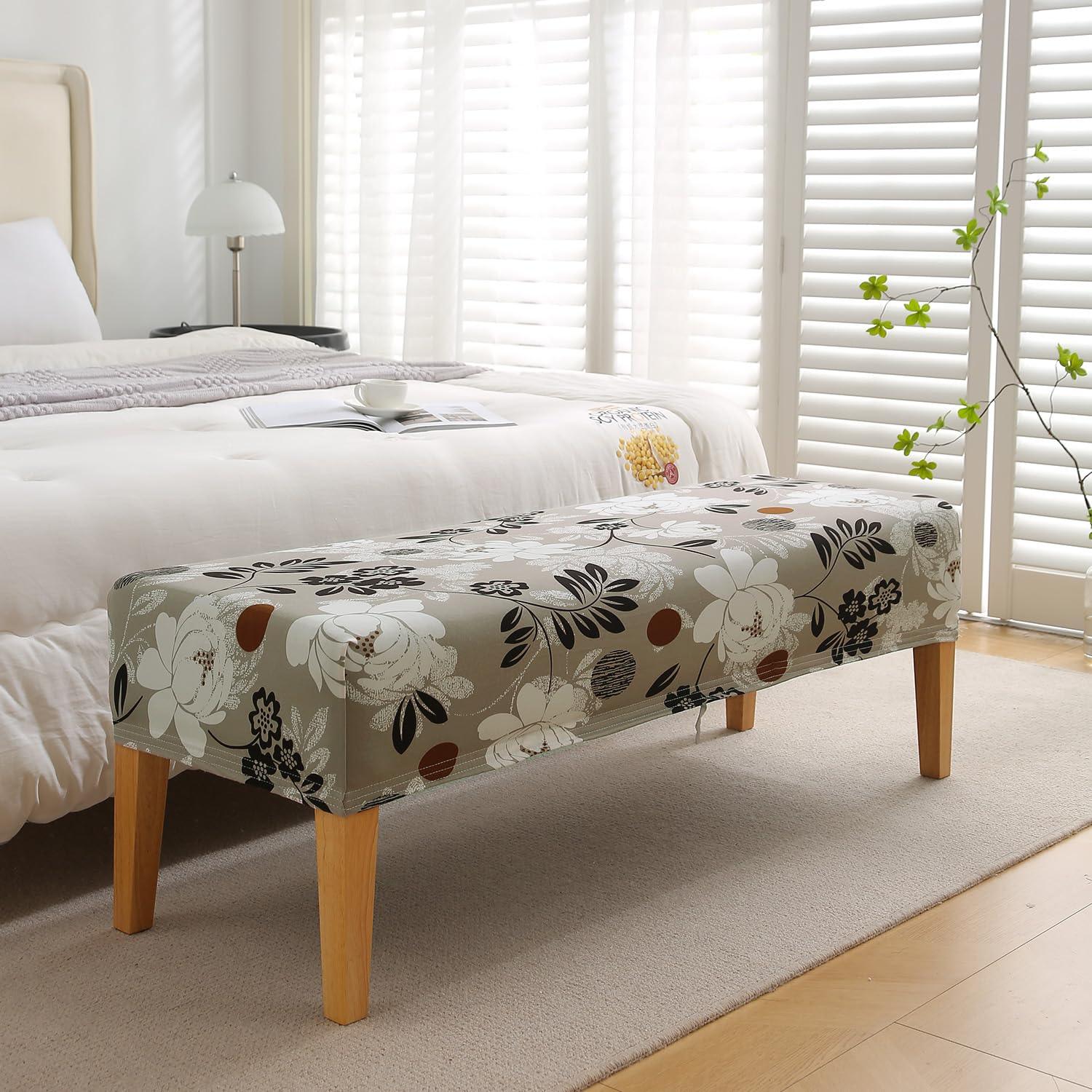 Elastic Printed Dining Bench Stretchable Slipcover, Feather Brown Floral - HOKIPO | Har Ghar ka Humsafar