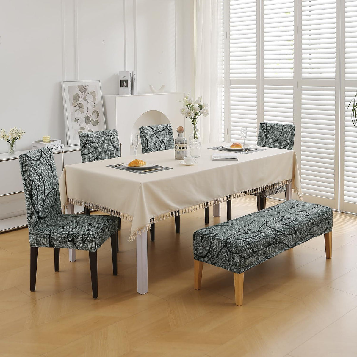 Elastic Printed Dining Bench Stretchable Slipcover, Intense Grey Abstract Floral - HOKIPO | Har Ghar ka Humsafar