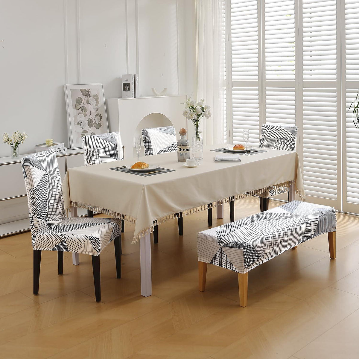 Elastic Printed Dining Bench Stretchable Slipcover, Snow White Black Geometry - HOKIPO | Har Ghar ka Humsafar