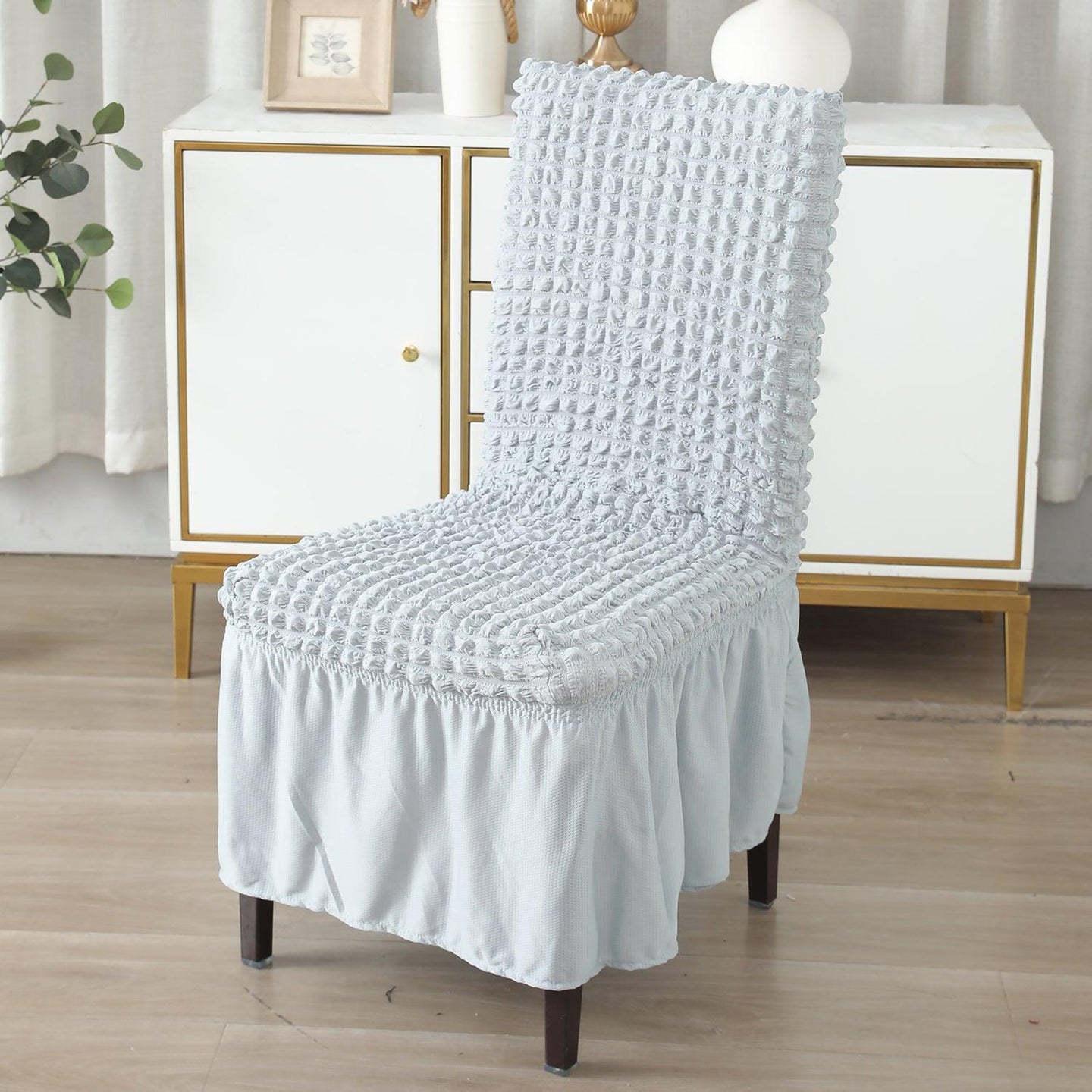 Elastic Stretchable 280 GSM Turkish Bubble Dining Chair Cover with Frill, Ash Grey - HOKIPO | Har Ghar ka Humsafar